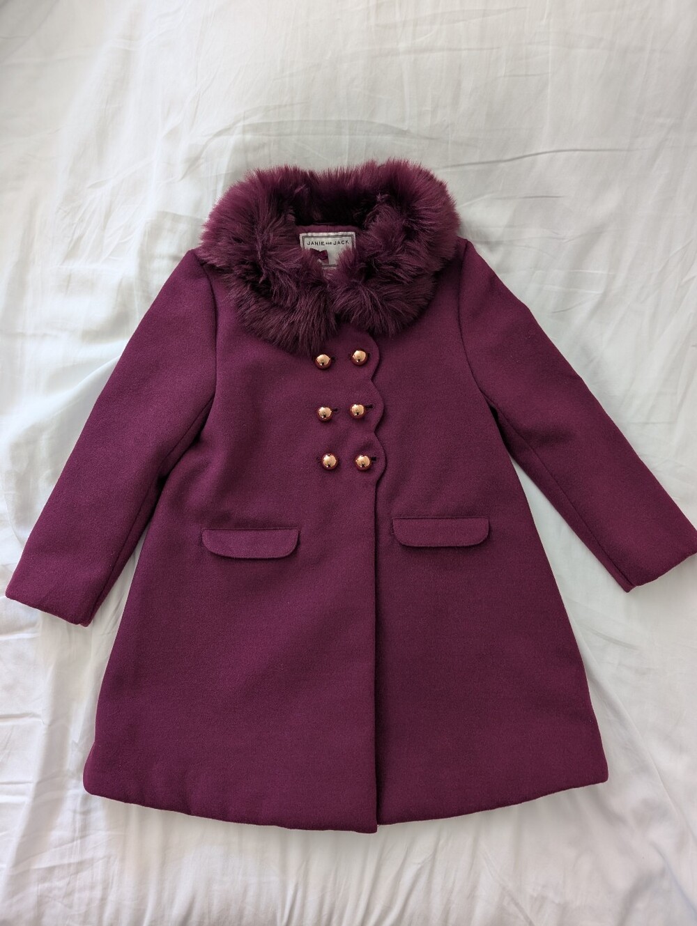 Janie And Jack Double Breasted Pea Coat, Faux Fur Collar, Purple Gold, Size 3-4